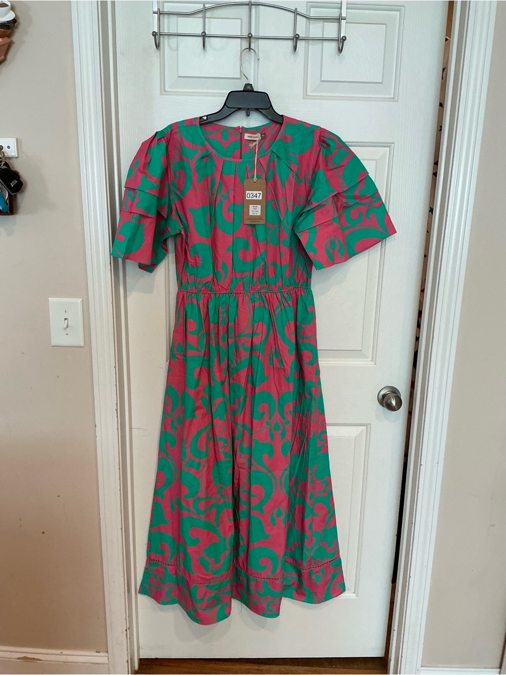 Pink and Green Printed Midi Dress with Puff Sleeves